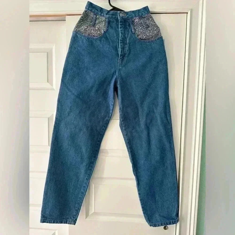Vintage Gitano Size 6 Floral Denim Jeans 90βs Y2K Hi-Rise Straight Med Wash EUC